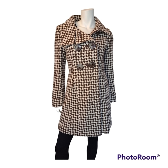 VINTAGE Mile End women's wool coat jacket houndstooth brown & white size S - Picture 3 of 16